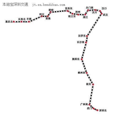 深圳到重庆高铁线路图经过哪些站 全程12小时左右