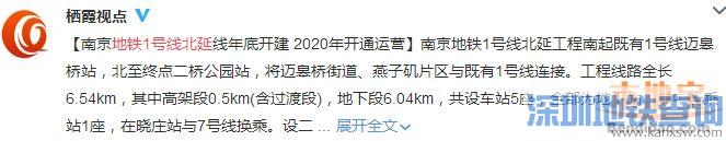 南京地铁1号线北延线2020年开通运营 12月底开建